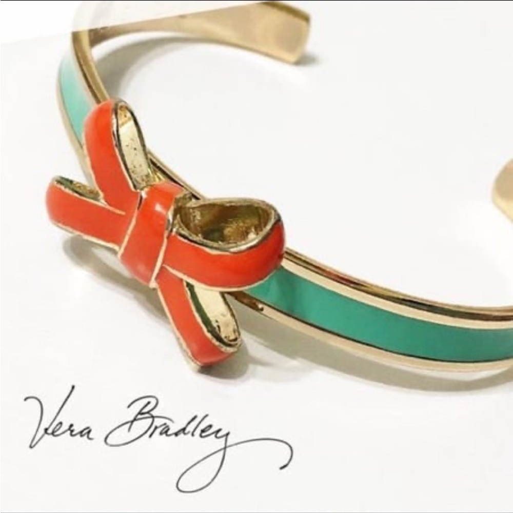 Vintage Vera Bradley mint and orange enamel on gold metal cuff bow bracelet